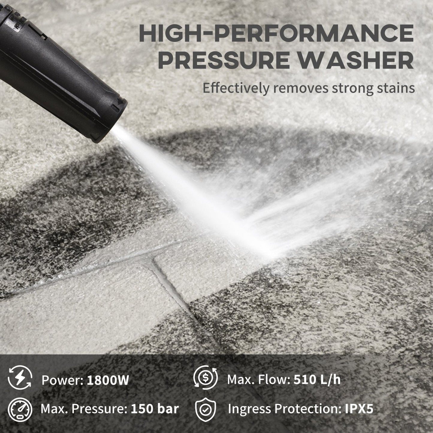 1800W High Pressure Washer, 150 Bar Pressure, 510 L/h Flow, High-Performance Portable Power Washer Jet Wash Cleaner for Garden, Car, Green-3